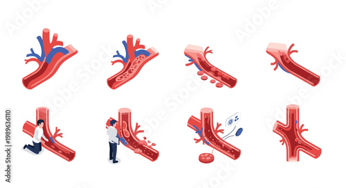 Collection of medical diagrams illustrating various stages of blood vessel blockage, atherosclerosis, and treatment.