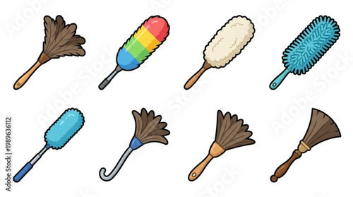 Colorful illustration of various cleaning brushes and dustpans on a white background