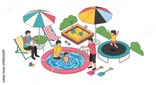 Family and children enjoying summer activities in a backyard with a large swimming pool, trampoline, and sandbox.