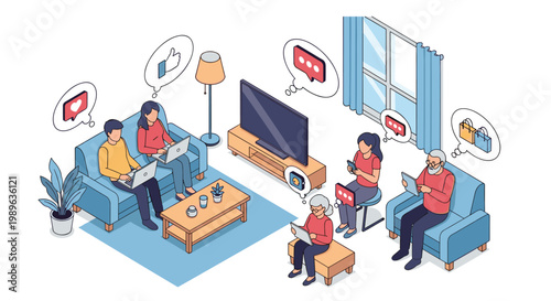 Family members and elderly people using tablets, laptops, and smartphones while relaxing together in a living room.