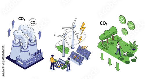 Comparison of environmental impact between industrial carbon emissions, renewable energy sources, and eco-friendly parks.