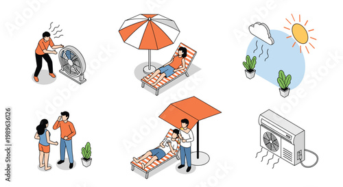 Collection of methods to cope with hot summer weather including using fans, air conditioning, and relaxing at the beach.