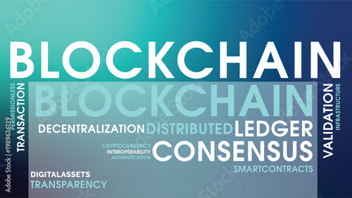Blockchain Technology Word Cloud, Decentralization Distributed Ledger Consensus Background