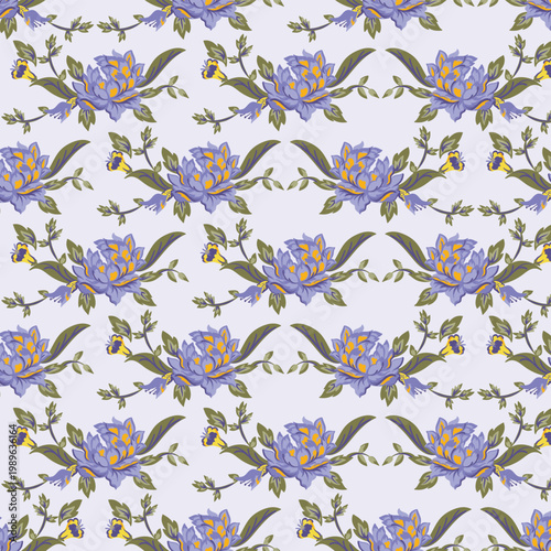 Large blooming floral seamless pattern for textile print for fabric, elegant violet peony and vine design with vintage flair