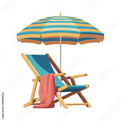 Relaxing beach scene featuring a beach umbrella, sunbed and towel.