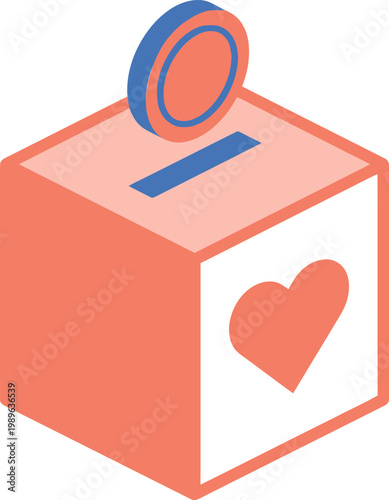 Isometric Donation Box with Heart Symbol and Coin Dropping In charity giving money