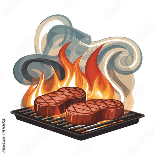 Grilled steaks on fire, ready to be served.