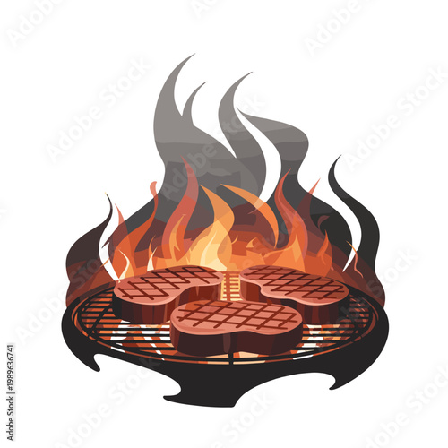 Savory barbecue steaks cooking over a flaming grill.