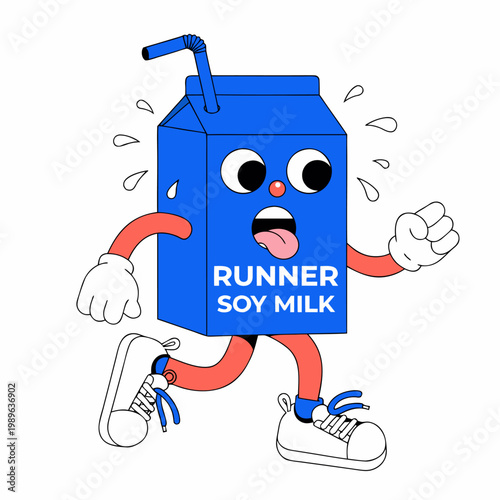 Cute colorful retro cartoon illustration of a running soy milk carton character in sneakers.