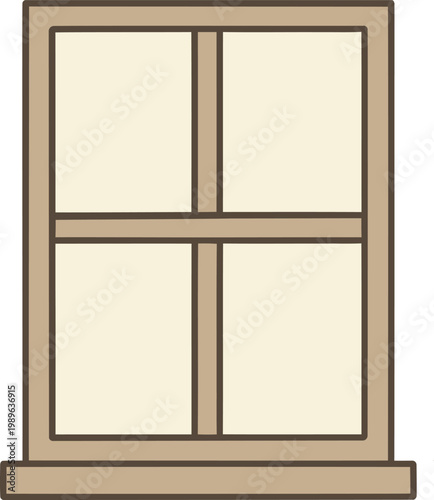 Simple cartoon of a light brown wooden window frame with four cream colored panes and a sill