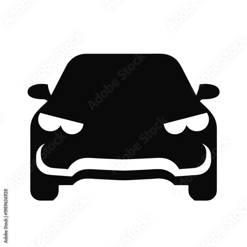 Angry car face, aggressive vehicle icon, black silhouette, emotive transportation symbol, graphic design element