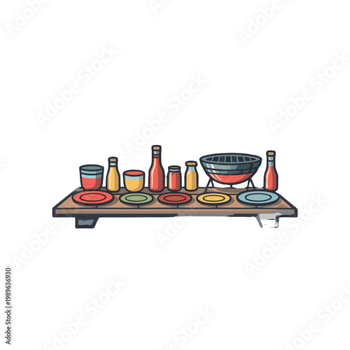 A colorful outdoor barbecue setup with various condiments and plates.