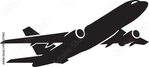 Commercial airplane silhouette flying at angle, bold aviation vector icon isolated on white.