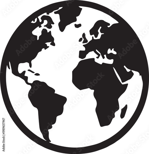 World globe silhouette with continents, bold minimalist vector icon isolated on white background.