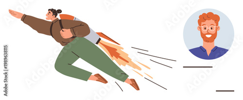 Career growth, innovation, aspiration, online networking, goal setting, productivity. Person flying with rocket backpack approaching profile headshot. Career growth and innovation concept