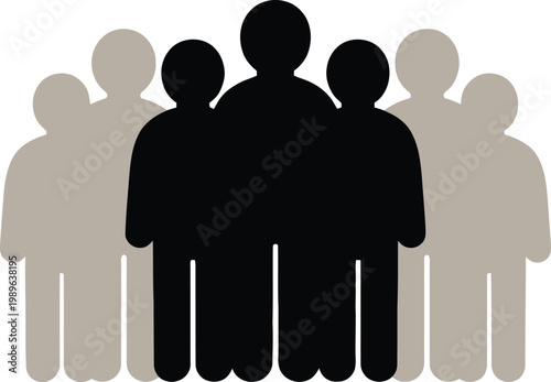 A group of seven simplified human figures, with three in the foreground in solid black and four in the