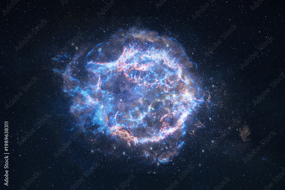 Fototapeta premium Magnificent supernova remnant in deep space, featuring glowing blue and pink gas filaments and brilliant star clusters. A detailed cosmic illustration of a nebula expanding through the universe.