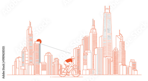 Stylized Cyclist Riding Through Modern City Skyline Outline, Urban Cycling Concept in Linear Art