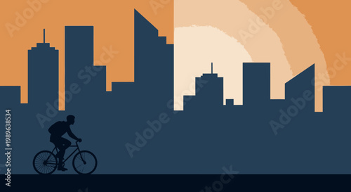 Silhouette of Person Cycling in City Skyline at Sunset, Urban Commute and Active Lifestyle