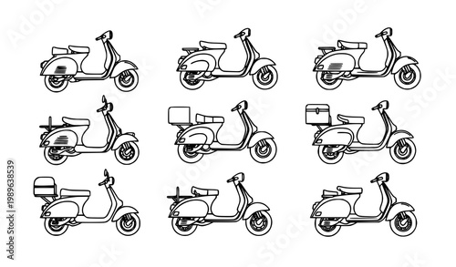 Classic scooter line icon set with vintage motor scooter outline vector illustration isolated on white background