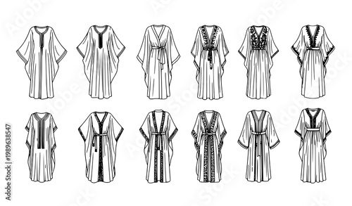 Kaftan sketch line icon set with fashion dress outline vector illustration isolated on white background