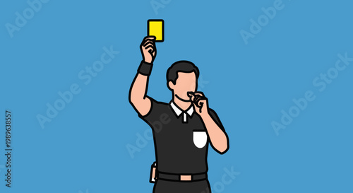 Football Referee Showing Yellow Card and Blowing Whistle on Blue Background, Disciplinary Action