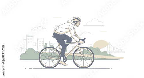 Active Man Cycling on Bicycle in Urban Park with City Buildings at Sunset, Healthy Lifestyle Ride
