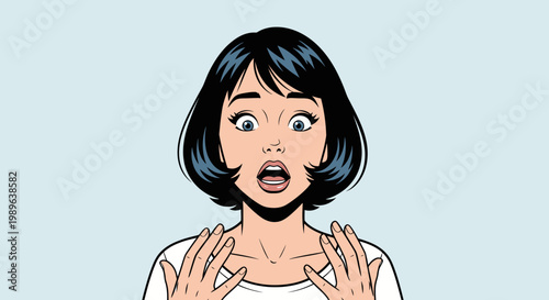 Surprised Young Woman with Wide Eyes and Open Mouth on Light Blue Background, Pop Art Style Emotional Reaction