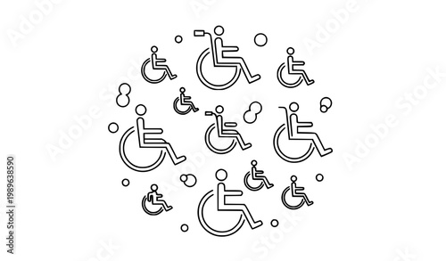 Minimal wheelchair line art illustration set with accessibility symbols for healthcare and inclusive design isolated on white