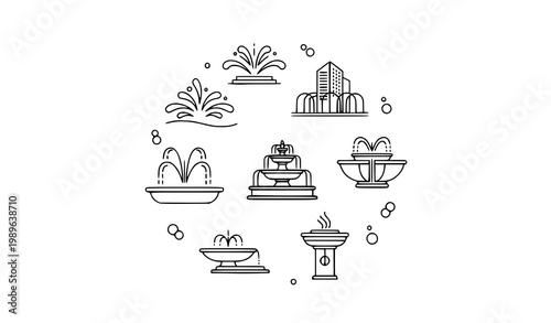 Fountain line art vector icon set with detailed water feature outline designs for landscape and architecture illustration