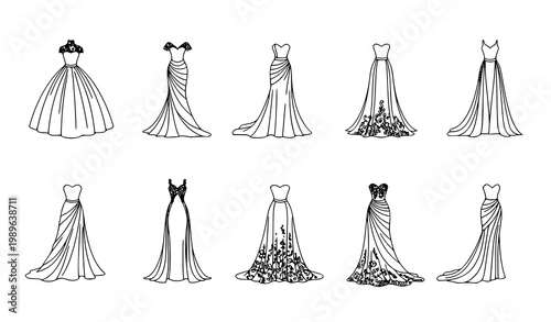 Wedding dress line icon set with bridal gown outline vector illustration for fashion and wedding design isolated on white background