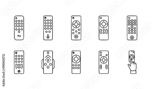 Smart TV remote line icon set with electronic control outline vector illustration isolated on white background