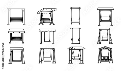 Garden swing line art vector icon set with detailed outdoor furniture outline designs for landscaping illustration
