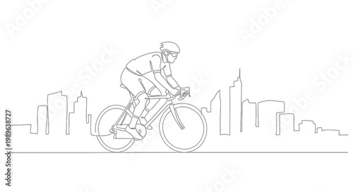 Man Cycling with Urban City Skyline in Continuous Line Art Style