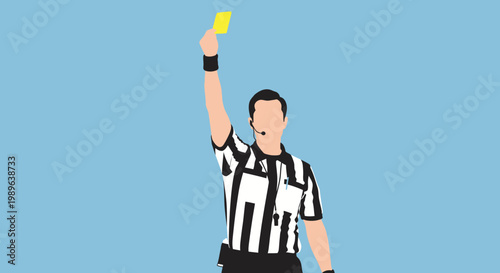 Male Soccer Referee Showing Yellow Card on Blue Background