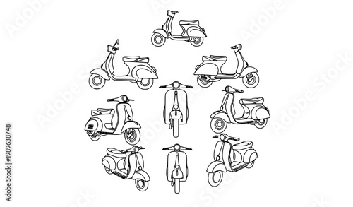 Minimal classic scooter line art illustration set with retro vehicle outline icons for travel and lifestyle design