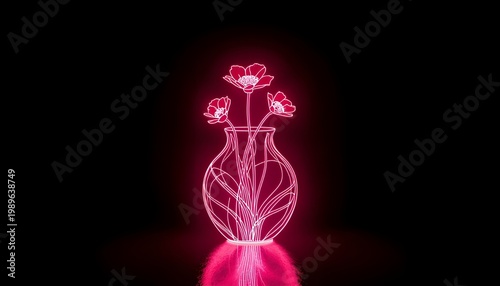 A neon-lit wireframe sculpture of flowers in a vase glows brightly against a dark background
