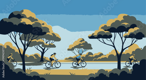 People Cycling in a Sunny Park Landscape with Trees and Distant Mountains