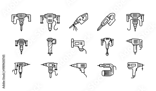 Minimal jackhammer line art illustration set with construction demolition tool icons for industrial design isolated on white