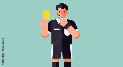 Male Soccer Referee Blowing Whistle and Showing Yellow Card on Green Background