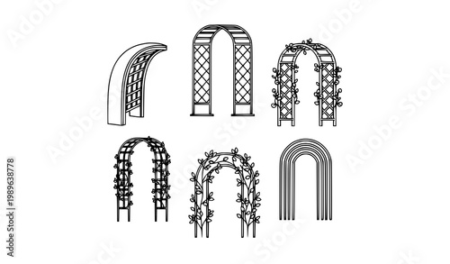 Minimal trellis arch line art illustration set with garden gateway outline icons for landscaping and outdoor decoration isolated on white