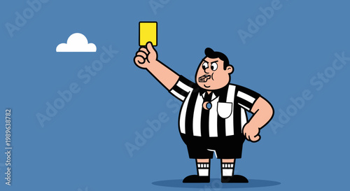 Overweight Male Soccer Referee Whistling and Showing Yellow Card on Blue Sky Background