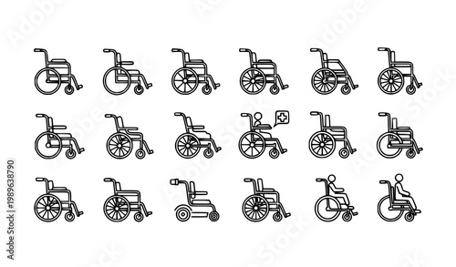 Wheelchair line icon set with accessibility and medical mobility outline vector illustration isolated on white background
