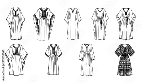 Kaftan sketch line art vector icon set with detailed fashion dress outline designs for clothing and cultural illustration isolated on white