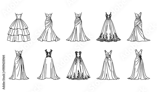 Wedding dress line art vector icon set with detailed bridal gown outline designs for fashion and wedding illustration isolated on white