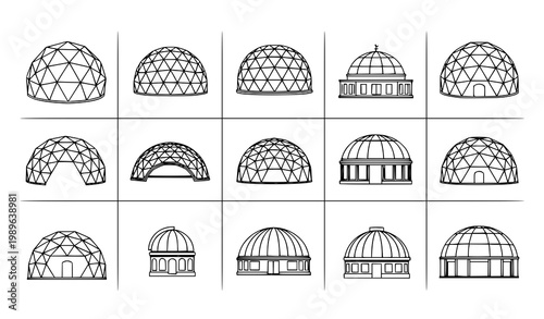 Minimal dome structure line art illustration set with architectural plan icons for engineering and design isolated on white