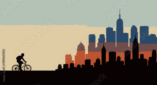 Silhouette of a man cycling with a modern city skyline in the background under a soft, colored sky at dawn or sunset, depicting urban activity.