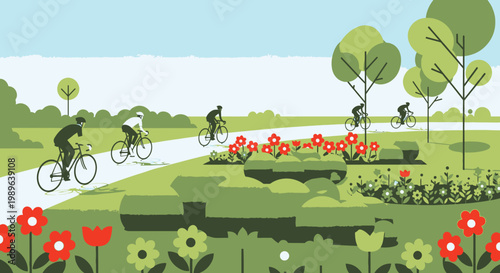 Active people cycling on a path in a vibrant green park with trees and colorful flowers on a sunny day, showcasing a healthy lifestyle.