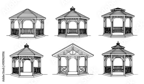 Gazebo blueprint line art vector icon set with detailed pavilion structure outline for architecture and landscape design
