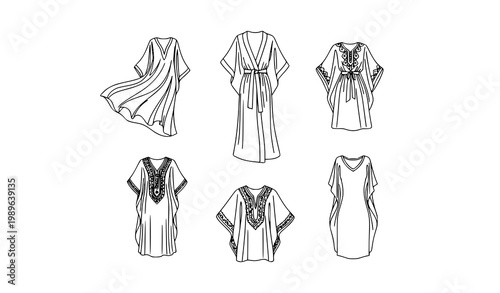 Minimal kaftan sketch line art illustration set with elegant fashion dress icons for cultural clothing design isolated on white
